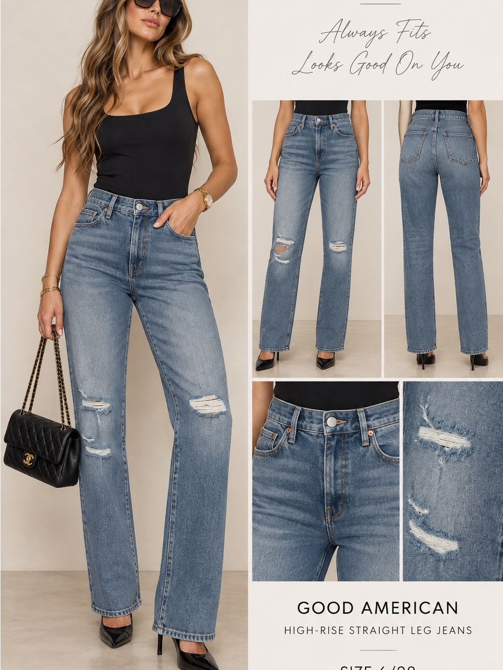 Good American Light Blue High-Rise Straight Leg Jeans with Distressing